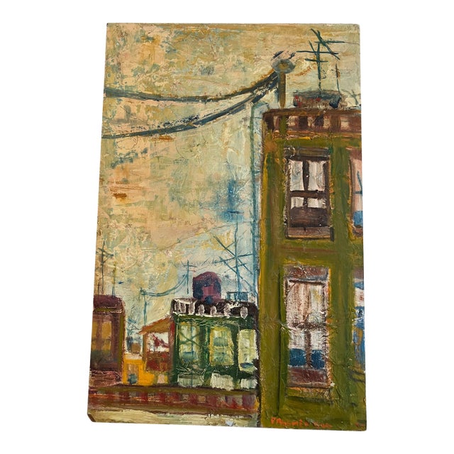 San Francisco Bay Bridge Expressionist Cityscape Oil on Masonite. Signed For Sale