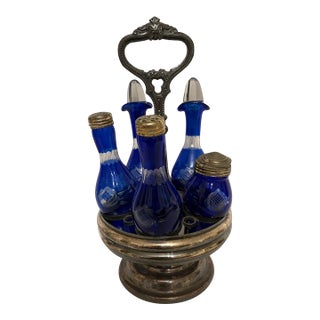 Antique Victorian Silver Plate an Cobalt Blue Glass 5-Bottle Caster Cruet Set For Sale
