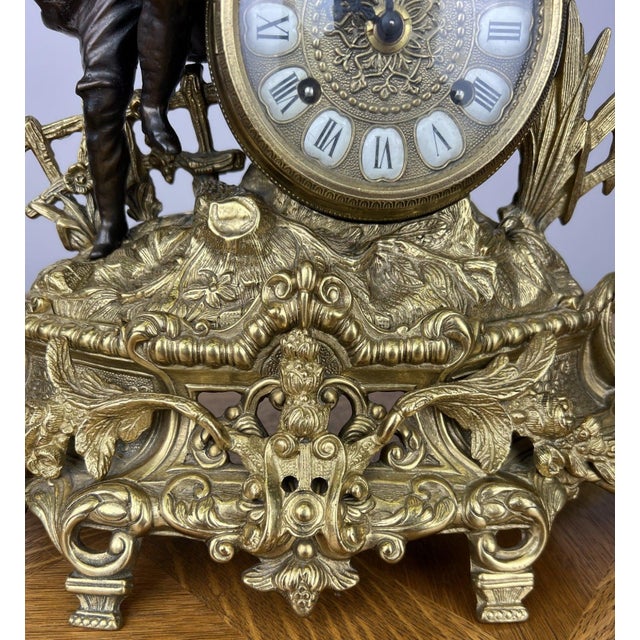 Metal Vintage Style Brass Figurine Mantel Clock For Sale - Image 7 of 13