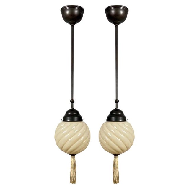 Art Deco Opaline Glass and Burnished Brass Pendants, Germany 1930s, Set of 2 For Sale - Image 17 of 17