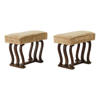 Italian Art Deco Stools With Wavy Dark Wood Legs, a Pair, 1940's For Sale