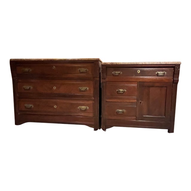 Antique 19th Century Marble Top Commode and Matching Dry Sink Cabinet B2 Piece Set For Sale