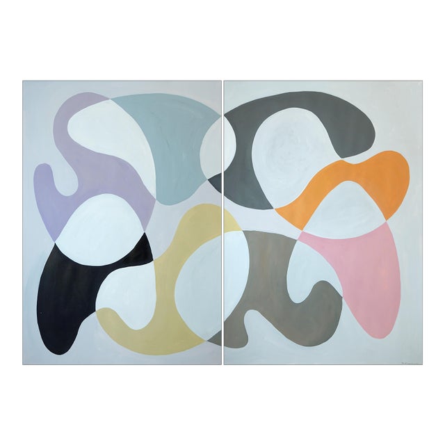 2026, Organic Modern, Mid Century Shapes Diptych, Pastel Dance, Acrylic Painting on Paper in Soft Palette by Ryan Rivadeneyra For Sale