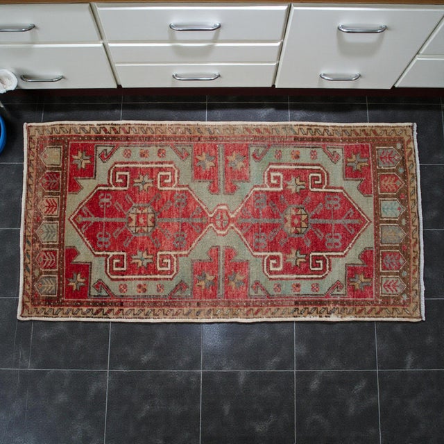 Farmhouse 1970s Vintage Hand Knotted Small Rug Enrtway Mat, Kitchen Bathroom Decor 2x4 Ft Approx For Sale - Image 3 of 13