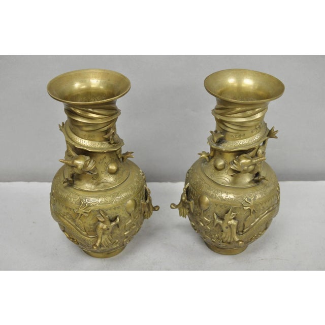 Vintage Japanese Dragon Relief Bronze Chinese 10" Oriental Flower Vase - A Pair For Sale - Image 4 of 14