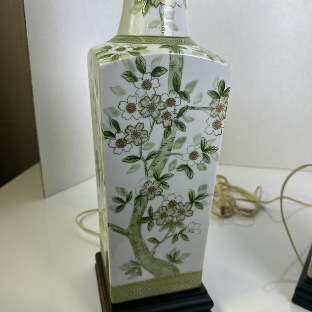Pair of Vintage Green Apple Blossom Chinese Lamps For Sale - Image 11 of 12