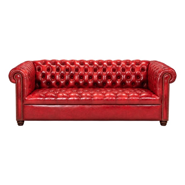 Vintage Real Leather Oxblood Red Chesterfield Couch For Sale