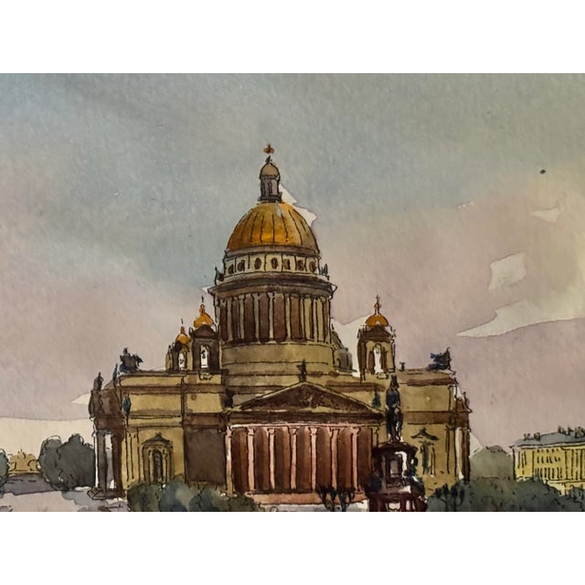 Ink Blue Original Galina Karmatskaya St. Petersburg Square Pen and Watercolor Painting, Matted For Sale - Image 8 of 12