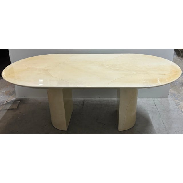 Stunning Signed Karl Springer Ivory Goatskin Knife Edge Dining Table or Desk A rare and iconic Karl Springer oval dining...