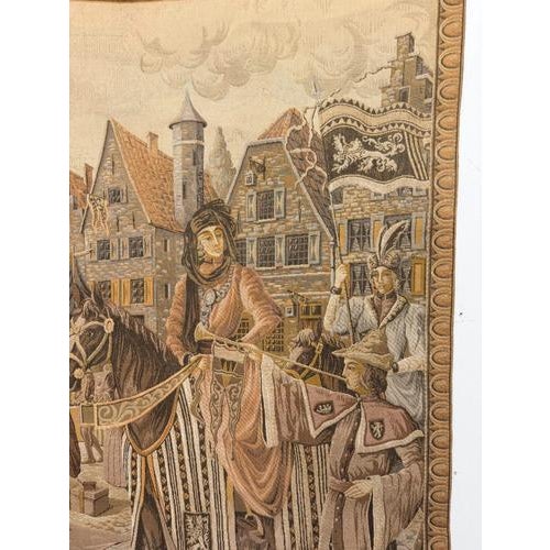 This is a beautiful, high-quality vintage French tapestry that vividly depicts a bustling medieval street market scene set...