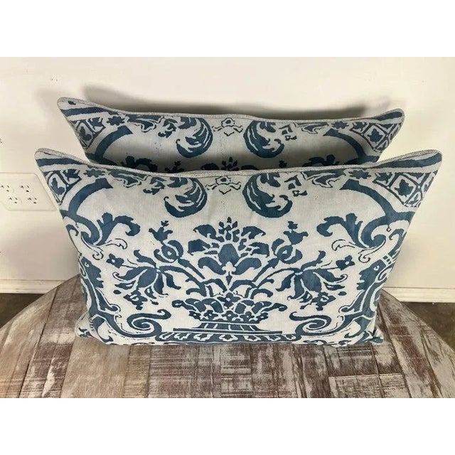 Pair of blue & white Fortuny cotton pillows with oatmeal colored Belgium linen backs. Down filled inserts, hidden zipper...