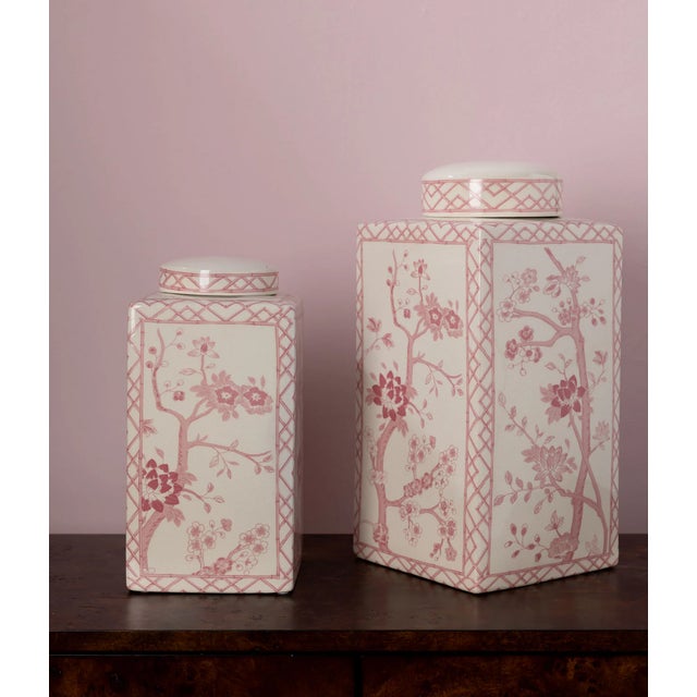 English Jardin Blush Chinoiserie Tea Caddy Jar, Large For Sale - Image 3 of 4