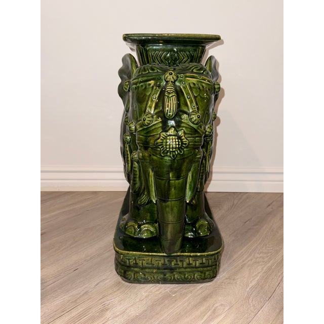 Ceramic Hollywood Regency Emerald Green Ceramic Elephant Plant Stands – Pair For Sale - Image 7 of 17