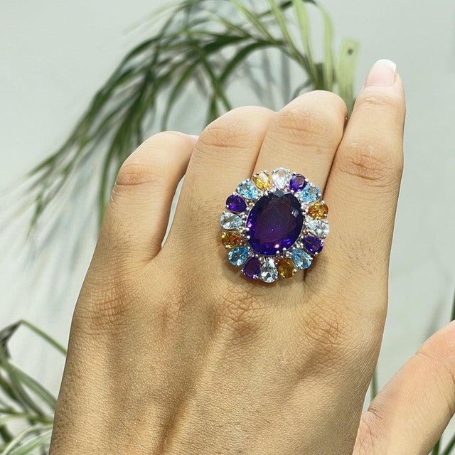 Not Yet Made - Made To Order Handcrafted 15.5Ct Aquamarine & Blue Topaz Silver Ring With Amethyst and Citrine Accents - Size 6 For Sale - Image 5 of 15