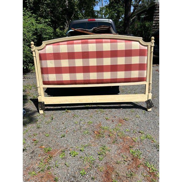 French Provincial Style Carved Wood King Headboard With Checked Fabric For Sale In Philadelphia - Image 6 of 12