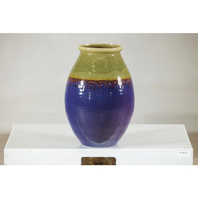 Ceramic Artisan Purple and Olive Green Glazed Ceramic Ovoid Vase with Drip Detail For Sale - Image 7 of 12