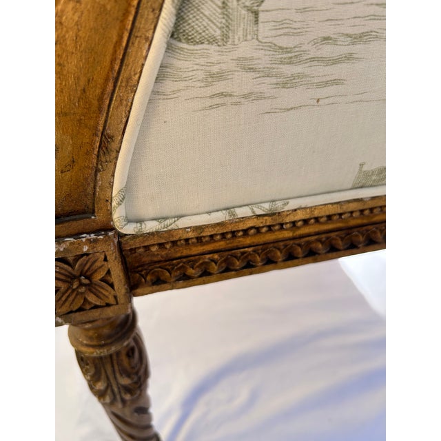 French Early 20th Century French Louis XVI Style Giltwood Settee in Naval Scenic Toile For Sale - Image 3 of 9