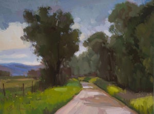 Idaho Road by Samantha Buller | Oil on Arches paper mounted on cradled panel winding rural road scene