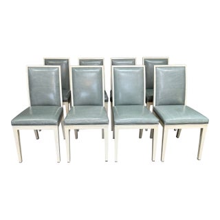 Set of 8 Lacquered Parchment Frame and Desaturated Teal Leather Upholstered Dining Side Chairs For Sale