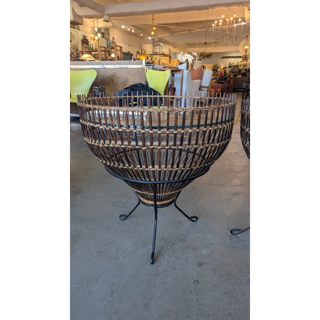 Mid-Century Modern 1960s Mid-Century Franco Albini Style Rattan, Iron & Glass Fish Trap Side Tables - A Pair For Sale - Image 3 of 14