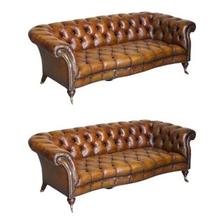 Exceptionally Rare Pair of Fully Restored Antique Howard & Sons Berners Street Leather Chesterfield Sofas For Sale