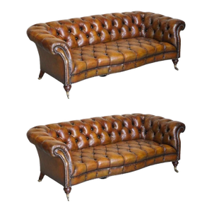 Exceptionally Rare Pair of Fully Restored Antique Howard & Sons Berners Street Leather Chesterfield Sofas