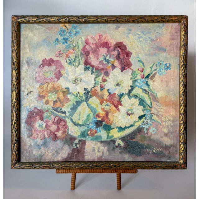 Lovely dusky colors make up this floral still life, signed and dated 1964 by the artist, Kibb. It is almost an...