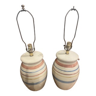 Vintage Ethan Allen Crackle Glaze Ceramic Table Lamps – Pair, Hand-Painted Striped Gourd Form - a Pair For Sale