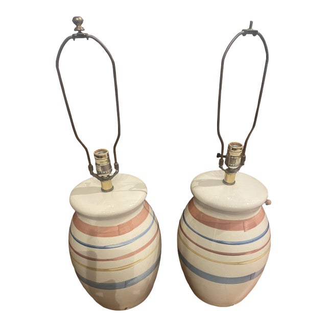 Vintage Ethan Allen Crackle Glaze Ceramic Table Lamps – Pair, Hand-Painted Striped Gourd Form - a Pair For Sale