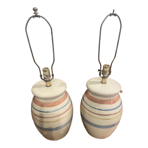 Vintage Ethan Allen Crackle Glaze Ceramic Table Lamps – Pair, Hand-Painted Striped Gourd Form - a Pair