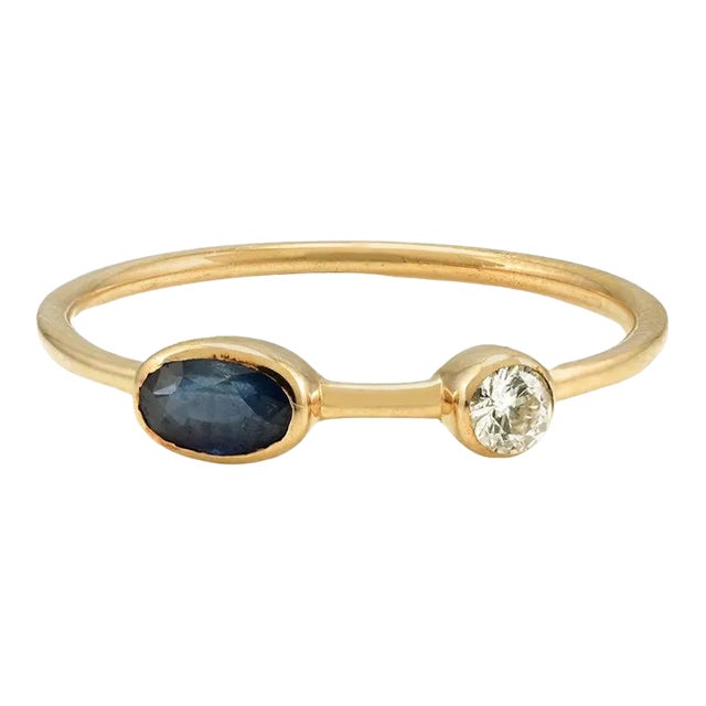14k Solid Yellow Gold Dainty Blue Sapphire and Diamond Everyday Ring Size 7 For Sale