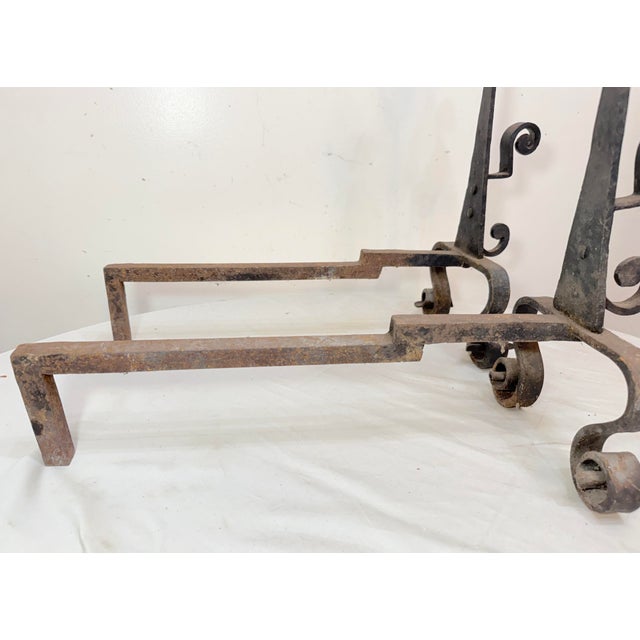 Rare Antique 19th Century Hand Wrought Iron Fireplace Firedogs Black Andirons For Sale - Image 10 of 13