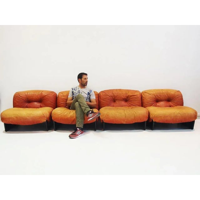 Modular Lounge Chairs Upholstered in Cognac Leather from Giuseppe Munari, 1970s, Set of 4 For Sale - Image 4 of 8