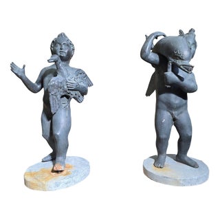 Pair of Grand Tour Bronze Putti with Goose and Dolphin on M, 1880, Bronze For Sale