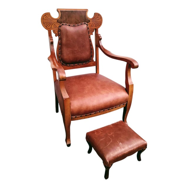 Rare Antique Victorian Carved Oak & Leather Throne Armchair With Matching Ottoman For Sale