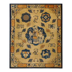 Stunning Beige Background Color Cute Central Figural in a Chinoiserie Pattern Antique Peking Chinese Rug