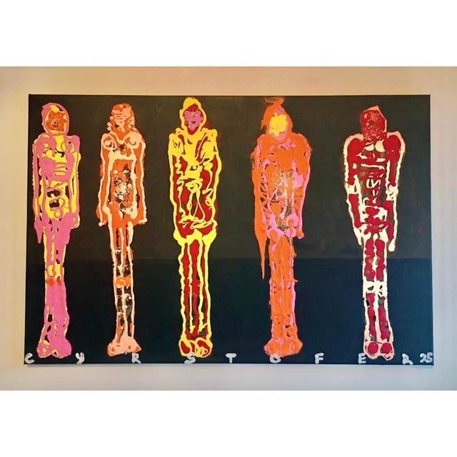 Colorful Abstract Painting of 6 Standing Figures by Christopher Shoemaker 24” X 36”, Signed For Sale - Image 9 of 9