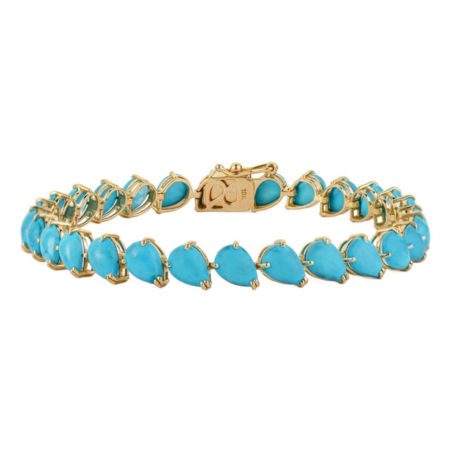 Handcrafted 18k Gold 16.14ct Pear Turquoise Tennis Bracelet 7 Inches by VRJewels For Sale