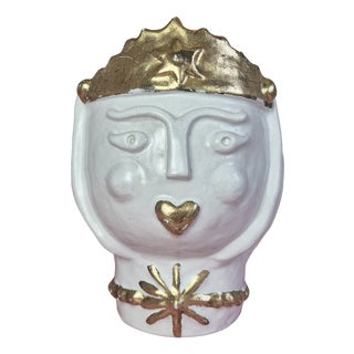 Handcrafted Italian Ceramic Planter in the Form of a Queens Head with Gilded Crown, 1970s For Sale