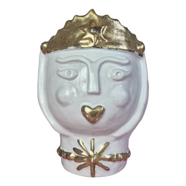 Handcrafted Italian Ceramic Planter in the Form of a Queens Head with Gilded Crown, 1970s For Sale