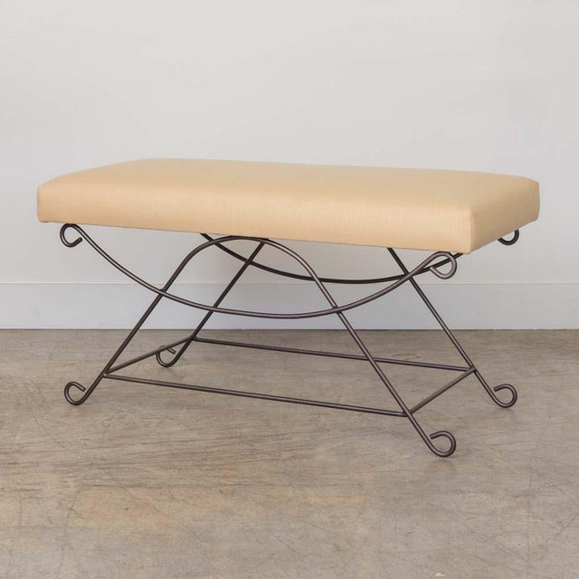 French Panoplie Iron Loop Bench, Yellow Linen For Sale - Image 3 of 14