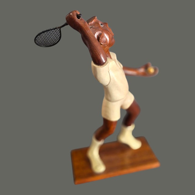 Mid-Century Modern Vintage Desk Top Italian Wood Carving Sculpture Tennis Player 12'' High For Sale - Image 3 of 7