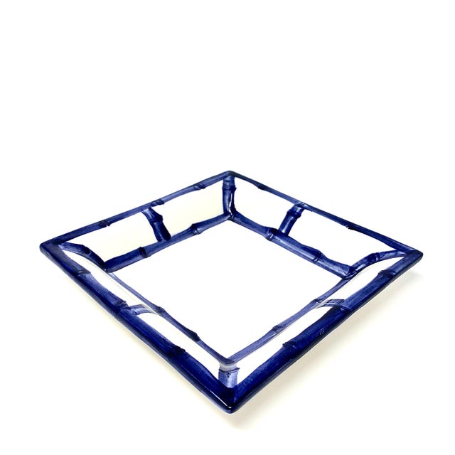 Italian Fret Rim Tray — Italian Hand-Painted Ceramic, Bamboo Motif, Navy For Sale - Image 3 of 5