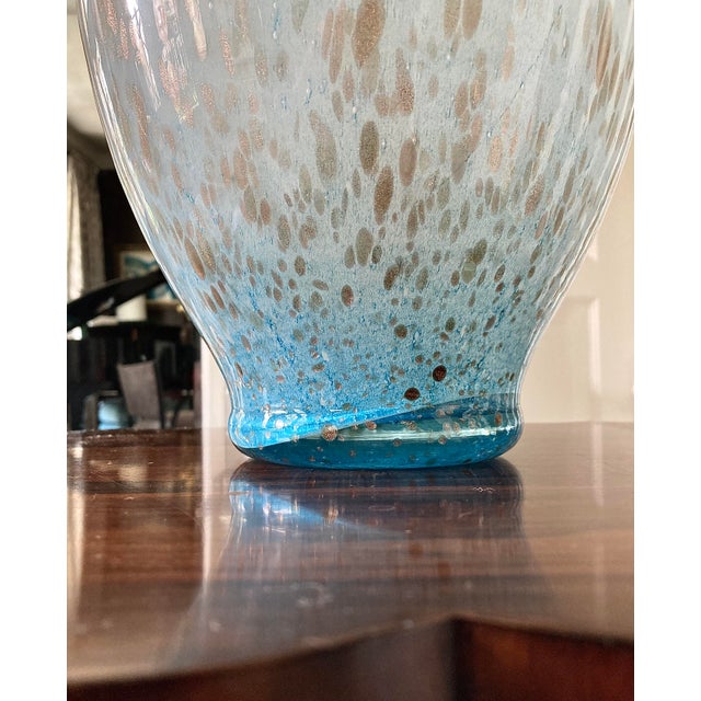 Glass 1970s Italian Murano-Style Handblown Blue Art Glass Vase With Gold and Silver Flecks, 21" For Sale - Image 7 of 18