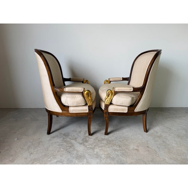 1970s Vintage French Empire Style Swan Armchairs With Gilded Carved Arms – A Pair For Sale - Image 5 of 12