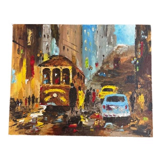 Mid 20th Century San Francisco Cable Car on Hill – Textural Abstract Oil Painting on Canvas Panel, 20x16. Unsigned and Unframed For Sale