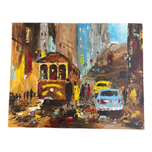 Mid 20th Century San Francisco Cable Car on Hill – Textural Abstract Oil Painting on Canvas Panel, 20x16. Unsigned and Unframed