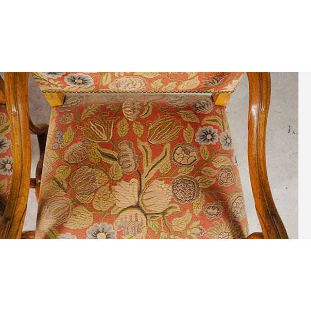 Pair of Antique French Louis Xiii–xiv Style Walnut Armchairs, Newly Upholstered For Sale - Image 4 of 7