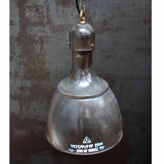 Industrial Industrial Grey Brown Enamel and Brass Pendant Light, 1950s For Sale - Image 3 of 5