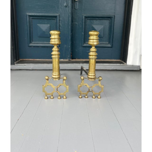 Brass Antique Brass Fireplace Andirons With Iron Log Supports | English Style Turned Finials | 19” Tall For Sale - Image 8 of 8
